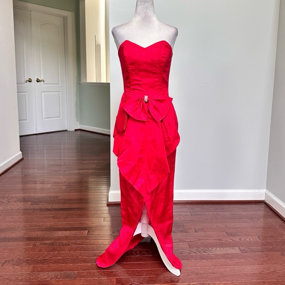 Roberta California Red Strapless Front Slit Big Front Bow Detail Gown Dress XS
